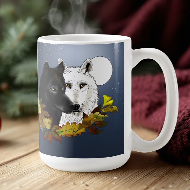 Svarta Vita Vargar Månsken Höstlöv Kaffemugg (Skapare uppladdad)