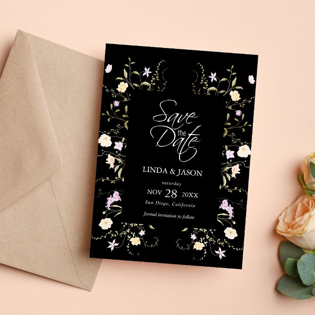 Svarta & Vita Vilda Blommor Bröllop Spara Datum Inbjudningar (Black and white wildflowers save the date invitation sets a timeless tone for your wedding day)