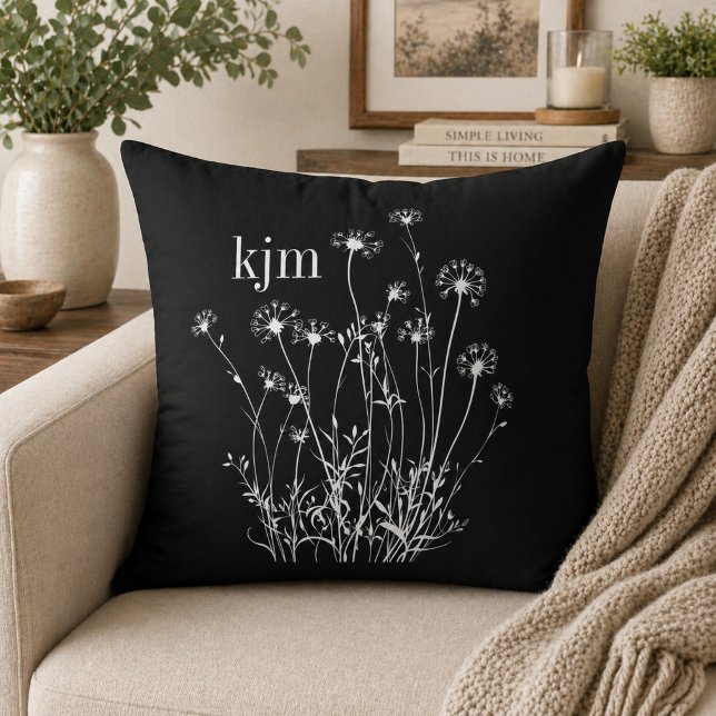Svarta & Vita Vilda Blommor Monogram Kudde (Skapare uppladdad)