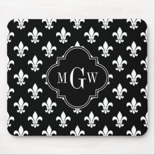 Svarta vitögat Fleur de Lis Black 3 Initial Monogr Musmatta