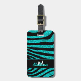 Svarta Zebra ränder Namn Teal Glitter Bagagebricka