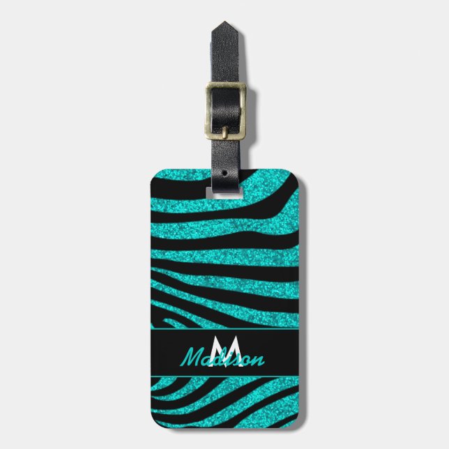 Svarta Zebra ränder Namn Teal Glitter Bagagebricka (Vertikal Framsida)