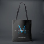 Svartahavsblått monogram-skript Namn - initialt Tygkasse<br><div class="desc">Namn Initial Tote Bag Bag-Elegant för Modern Black Ocean Blue Monogram</div>