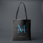 Svartahavsblått monogram-skript Namn - initialt Tygkasse<br><div class="desc">Namn Initial Tote Bag Bag-Elegant för Modern Black Ocean Blue Monogram</div>