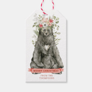 Svartbjörn med blommor God jul Gift Presentetikett