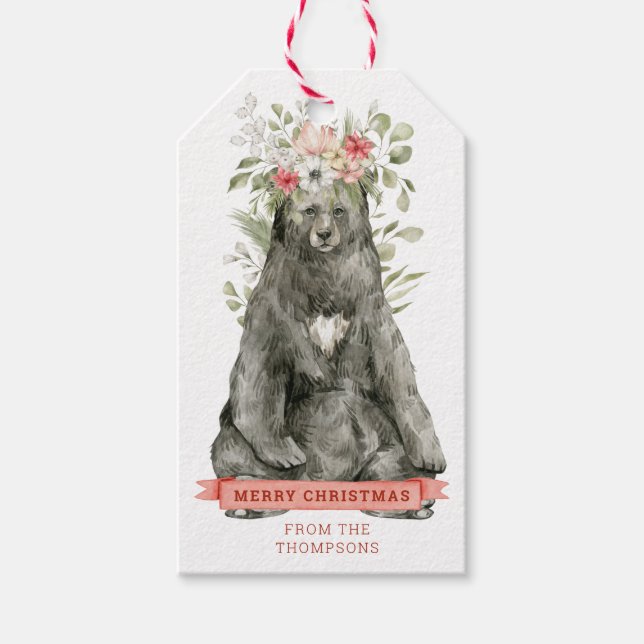 Svartbjörn med blommor | God jul Gift Presentetikett (Framsidan)