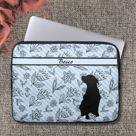Svartblå blomsterremsa med Hund Silhouette Laptop Fodral