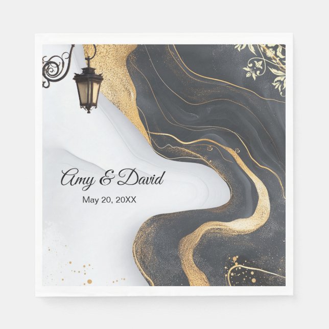 Svartblöjor och Guld elegant bröllop Pappersservett (Framsidan)