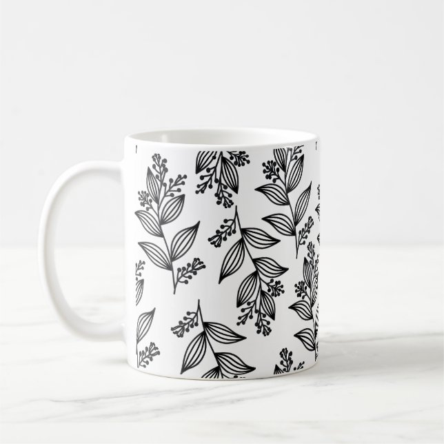 Svartblomma Mönster Botaniska Mörken Vit Kaffemugg (Vänster)