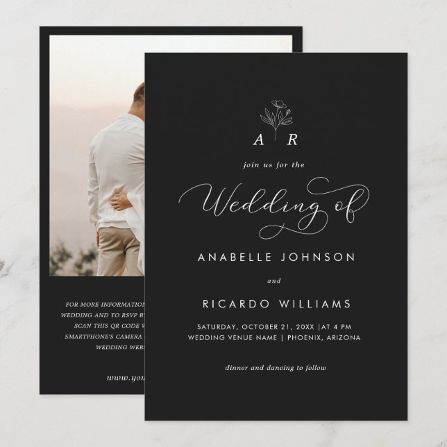 Svartblommiga monogramskript, fotopatecken, QR-kod Inbjudningar (Fram/baksida)