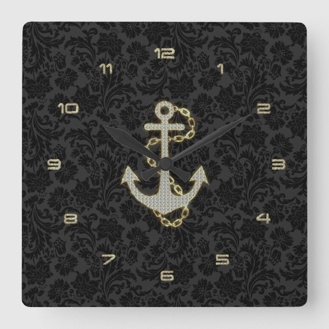 Svartbotten för Faux Glitter Nautical Anchor Black Fyrkantig Klocka (Framsida)