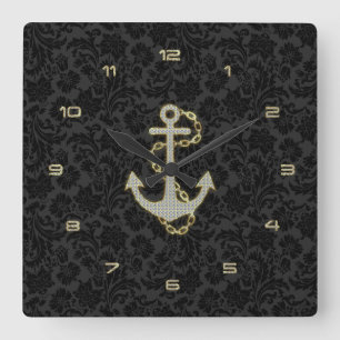 Svartbotten för Faux Glitter Nautical Anchor Black Fyrkantig Klocka