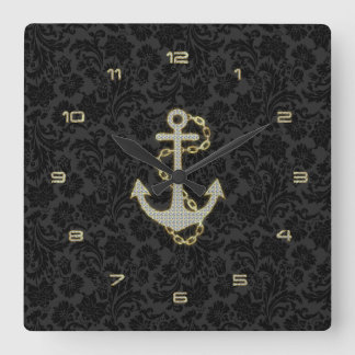 Svartbotten för Faux Glitter Nautical Anchor Black Fyrkantig Klocka