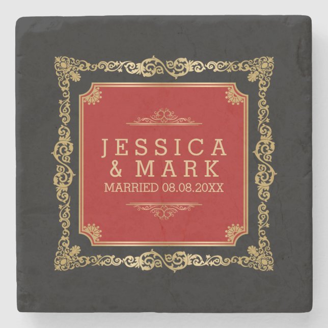 Svartbotten guld & Red Ornate Ram Underlägg Sten (Framsidan)