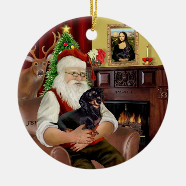 Svartbrun släthårig dachshund julgransprydnad keramik (Framsidan)