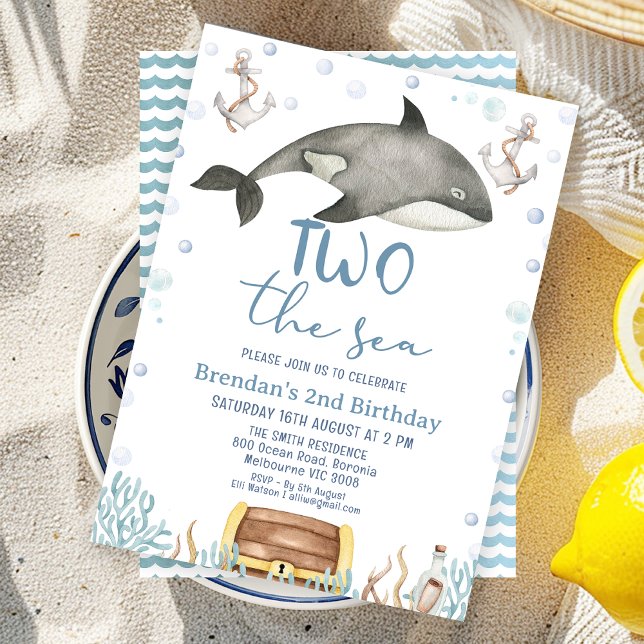 Svartdödare Valval 2: a födelsedag Inbjudningar (Black Whale Two the Sea 2nd Birthday Invitation Boy Editable,
Under the Sea Second Birthday Invite )
