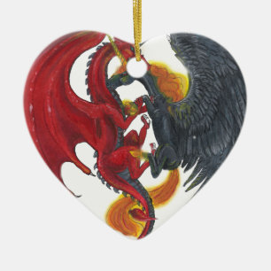 Svarten avfyrar Unicorn och den röda draken Julgransprydnad Keramik