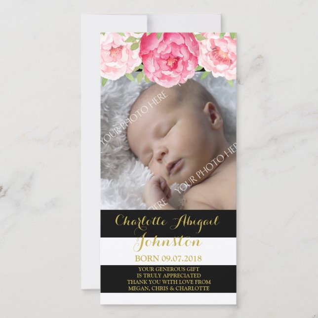 Svarten görar randig den rosa blommatackbaby tack kort (Framsida)