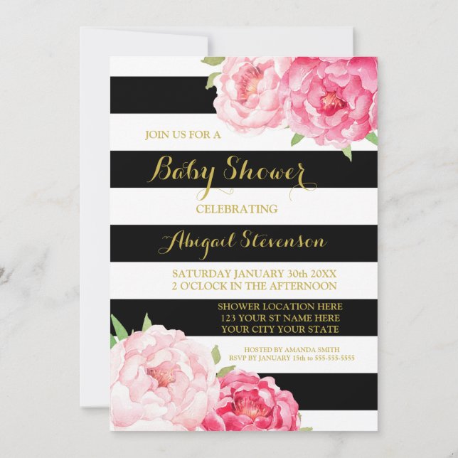 Svarten görar randig vattenfärgblommababy shower inbjudningar (Baksida)