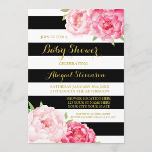 Svarten görar randig vattenfärgblommababy shower inbjudningar