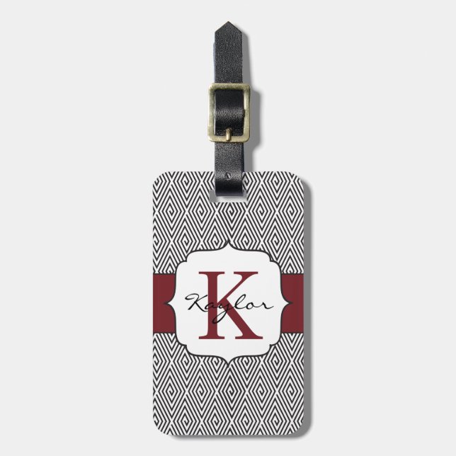 Svarten & vit virvlar runt den Marsala monogramen Bagagebricka (Vertikal Framsida)