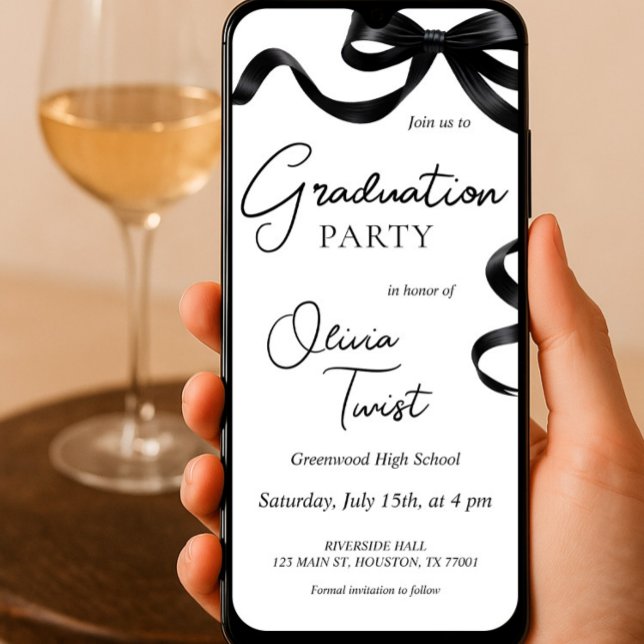 Svartfack för elektronisk inbjudan till Studenten (Electronic Graduation Invitation Black Bow Editable Template, Ribbon Grad Digital Invite, College)