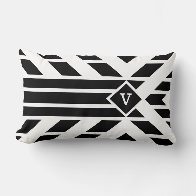 Svartfadrilateralt Rand på vit med Monogram Lumbarkudde (Framsida)