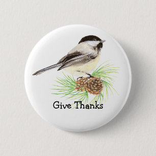 Svartfärgad Chickadee Bird "Ge-tack", citat Knapp