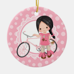 Svartfärgad cykelflicka - vit Rosa Julgransprydnad Keramik