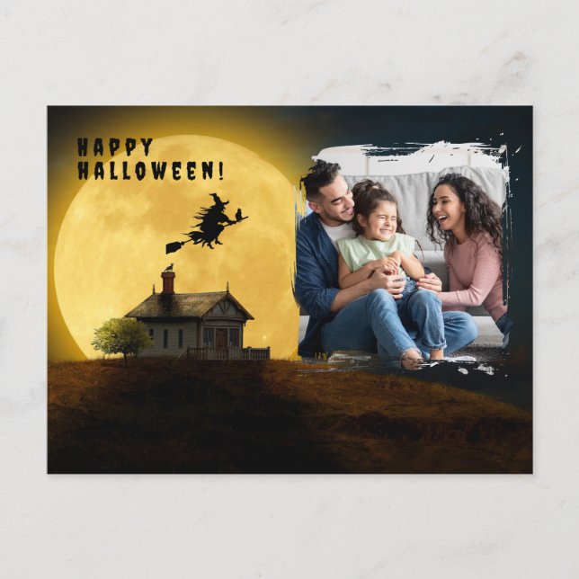 Svartfärgad häxbild från happy halloween vykort (Framsida)