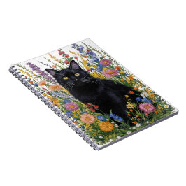 Svartfärgad svart katt och Blommigt-broderikonst Anteckningsbok