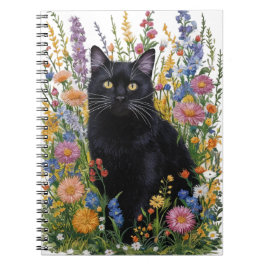 Svartfärgad svart katt och Blommigt-broderikonst Anteckningsbok