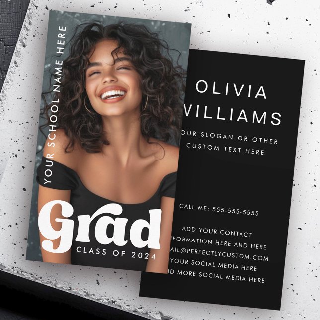 Svartfoto av återro grad överlägg av student stude visitkort (Retro grad overlay student graduation black photo business card)