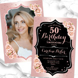 Svartfoto elegant Guld 50:e födelsedagen Inbjudningar<br><div class="desc">Femininininbjudan till elegantens blommigt på 50 års födelsedag med ditt foto på baksidan av kortet. Glam-design med faux glitter ro guld. Funktioner för rosa ros, typsnitt för skript och konfiguration. Perfekt för en snyggt vuxen under firande party. Anpassa med dina egna detaljer. Kan anpassas för vilken ålder som helst! Skrivna...</div>