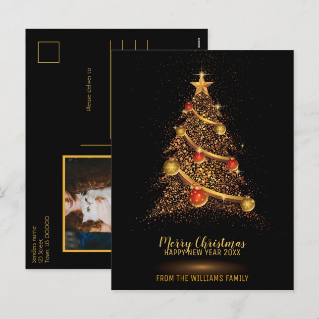 Svartfoto för familjen god jul Träd Glitter Helg Vykort (Fram/baksida)