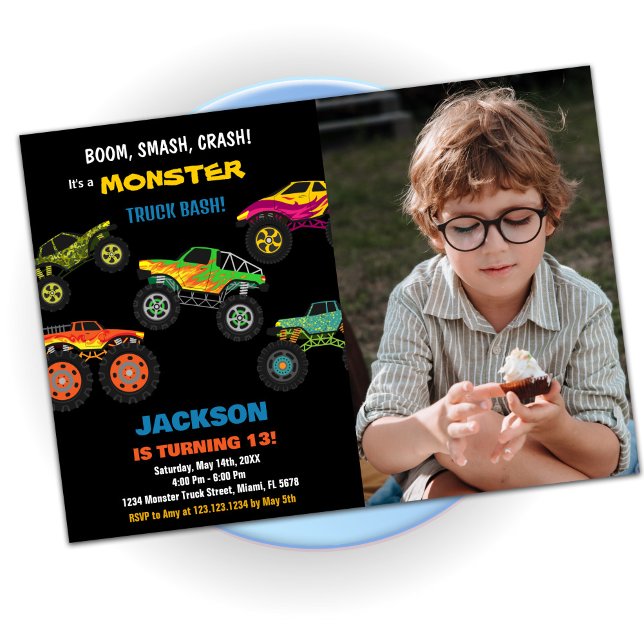 Svartfoto från Monster Lastbil födelsedag Inbjudningar (Monster Truck Birthday Invitations Black Photo)