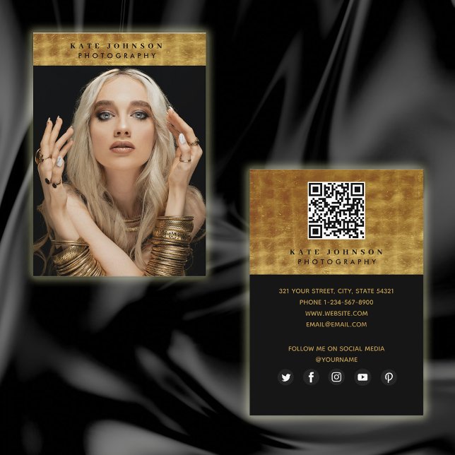 Svartfoto, Guld, QR-kod, Social-media Visitkort (Skapare uppladdad)