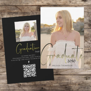 Svartfoto med QR-koden Social Media i Guld Student Inbjudningar