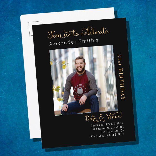 Svartfoto, svart, Guld, födelsedag Inbjudan Vykort (Skapare uppladdad)