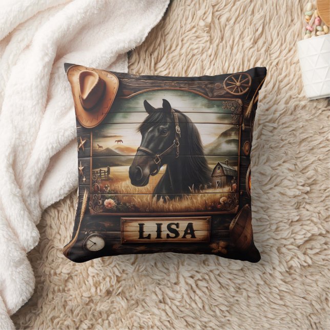 Svarthäst Porträtt med Western decor Inslag Kudde (Filt)