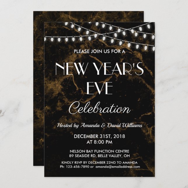 Svarthavsmarmor vid nyårsafton Ljus vid Guld Inbjudningar (Fram/baksida)