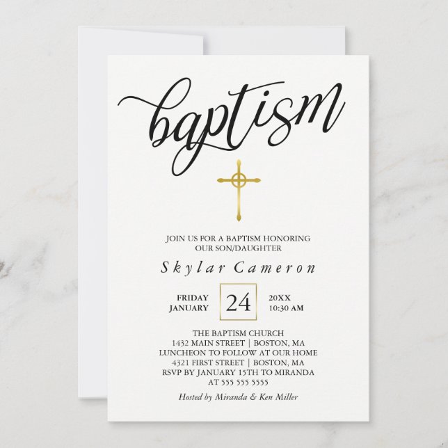 Svartkalligrafi Guld Kor-baptism Inbjudningar (Framsida)
