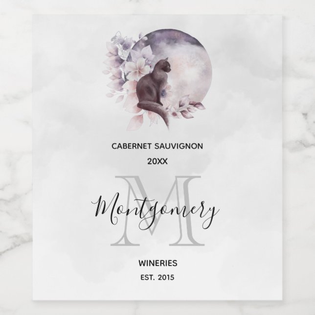 Svartkatt av en magisk full Moon Vin-Skapar Vinflaska Etikett (Singel etikett)