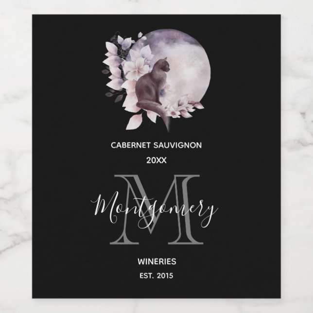 Svartkatt av en magisk full Moon Vin-Skapar Vinflaska Etikett (Singel etikett)