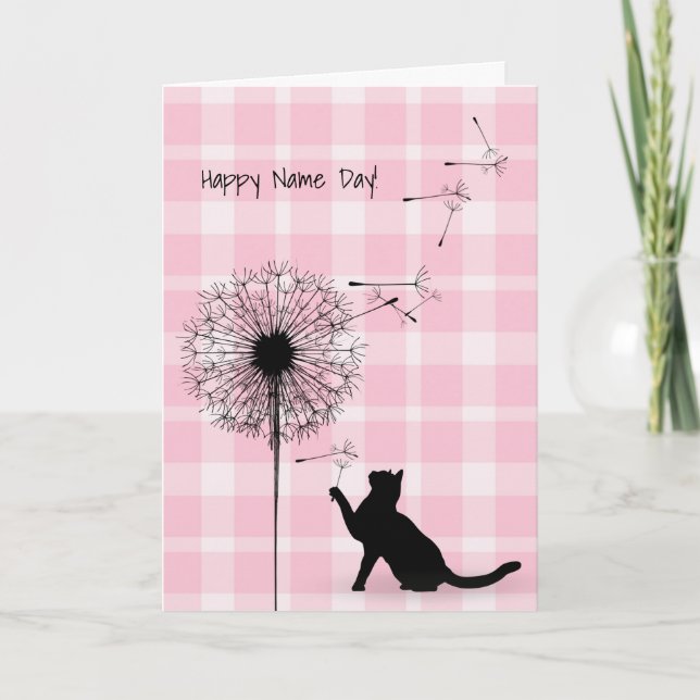 Svartkatt och dandelion Namn Day Kort (Framsida)