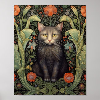 Svartkatt och rödblommor från art nouveau poster