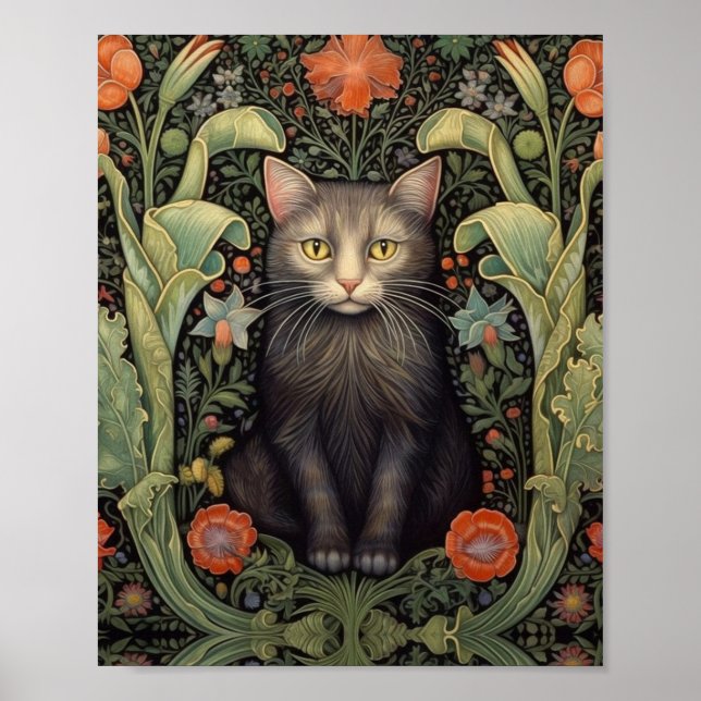 Svartkatt och rödblommor från art nouveau poster (Framsidan)