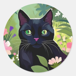 Svartkatt sitta i fält på blommor runt klistermärke