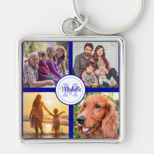 Svartkedja för monogramfotokollage-familjen fyrkantig silverfärgad nyckelring