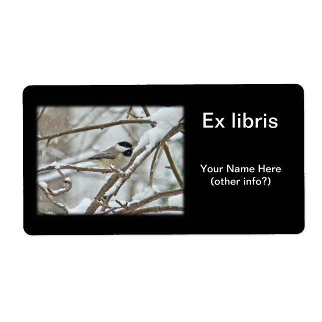 Svartklädd Chickadee i Snö Ex Libris Fraktsedel (Framsidan)
